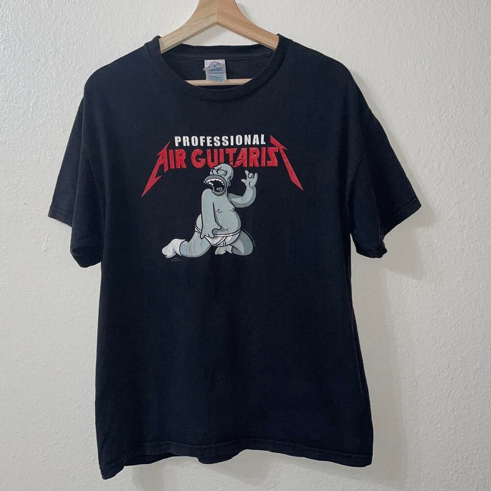 Y2K 00s The Simpsons Homer Professional Air Guitarist Metallica Style T-shirt
